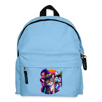 Halloween Katze mit Hexenhut und kippendem Objekt - Kinder Rucksack - Hellblau - Vorne