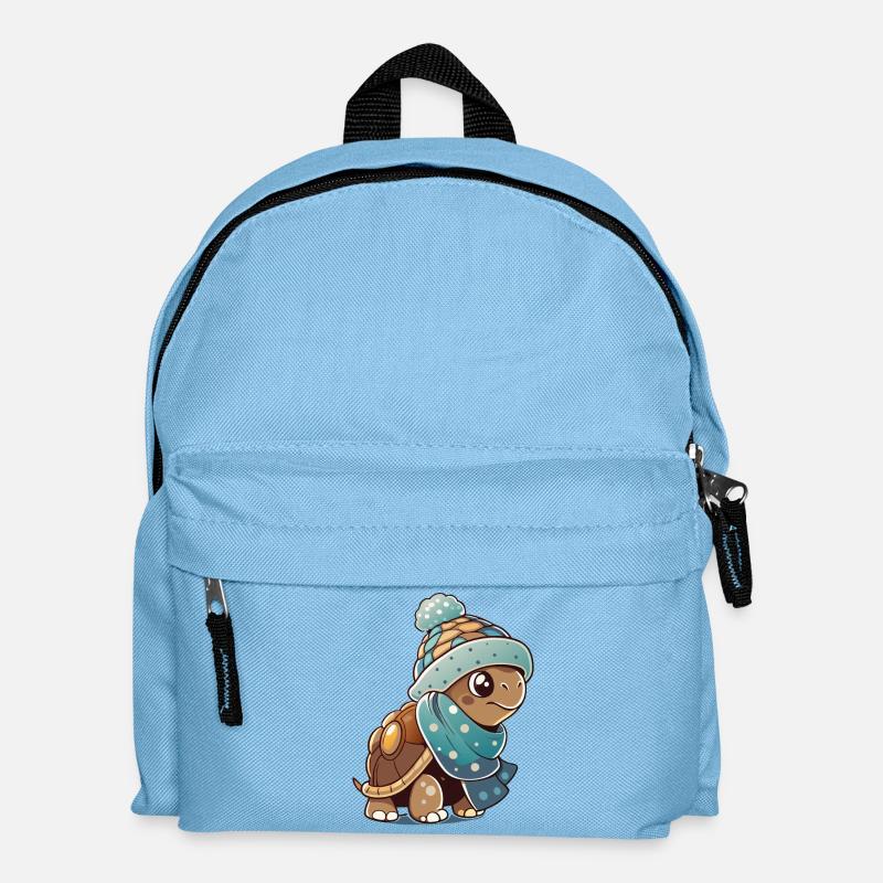 Tortue mignonne avec écharpe et chapeau à pompon. - Sac à dos Enfant - bleu clair