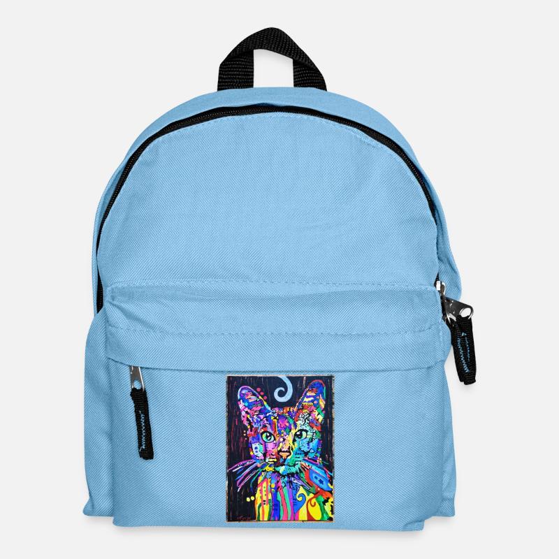 Katzenportrait mit Psychedelic-Design- Pop-Art - Kinder Rucksack - Hellblau