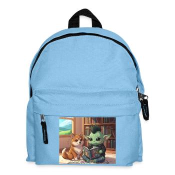 Mischender Kobold mit Hund im Bücherzimmer - Kinder Rucksack - Hellblau - Vorne