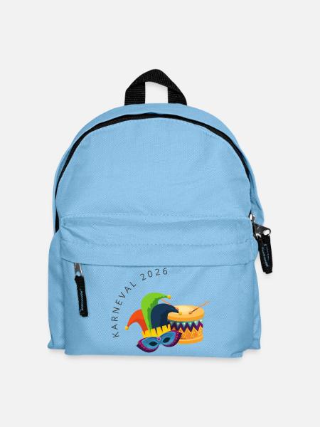 Karneval 2026 – Maske & Trommel buntes Design - Kinder Rucksack - Hellblau
