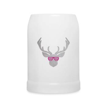 Deer with pink glasses in silver colored texture - Beer Mug - white - Front