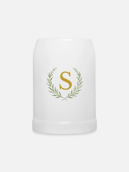 S Monogramm, Eukalyptus Kranz, personalisierbar - Bierkrug - Weiß