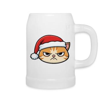 Genervte Katze mit Weihnachtsmütze - Bierkrug - Weiß - Rechts