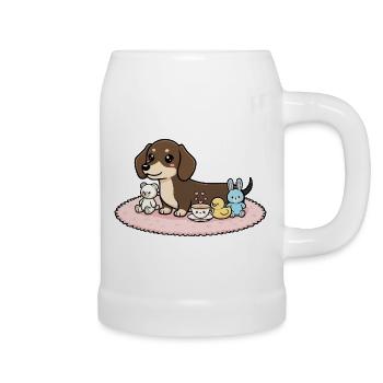 Dackel mit Kuscheltieren - Bierkrug - Weiß - Rechts