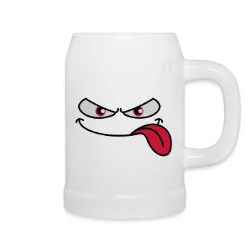 Evil-looking cartoon face tongue sticking out - Beer Mug - white - Right