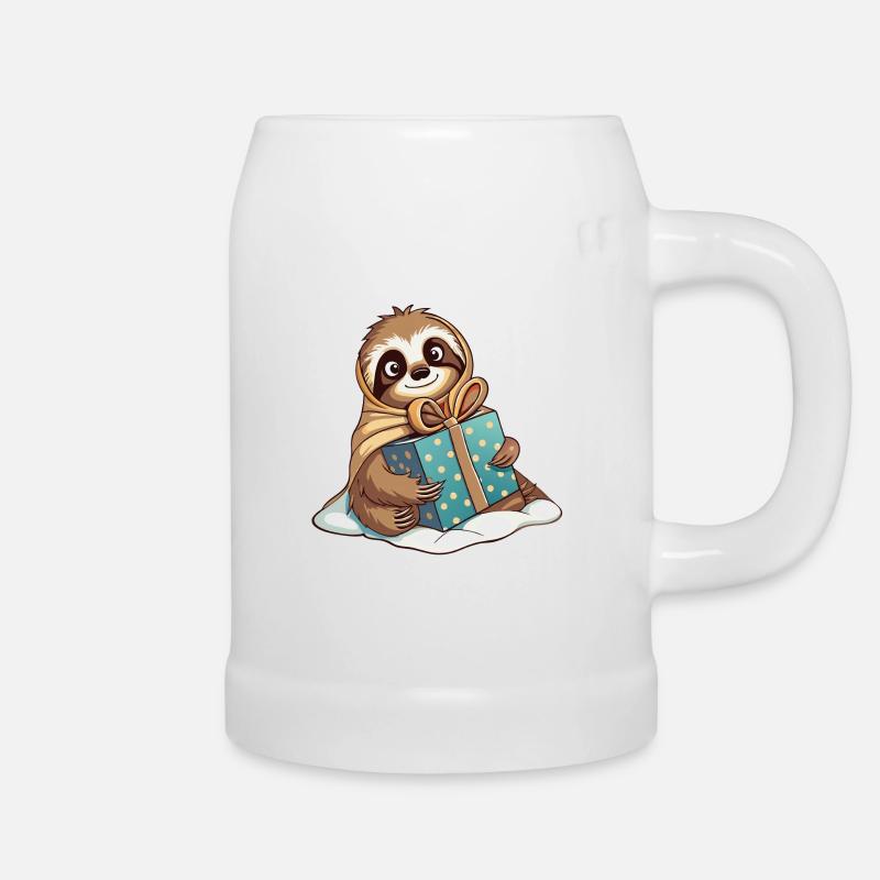 Cute sloth unwrapping gift - Beer Mug - white