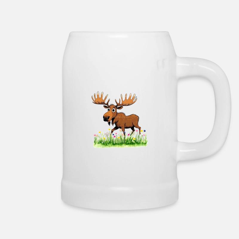 Whimsical Moose in Spring Meadow - Beer Mug - white
