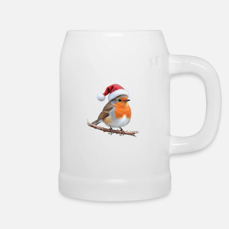 Robin Santa Hat on Branch - Beer Mug - white