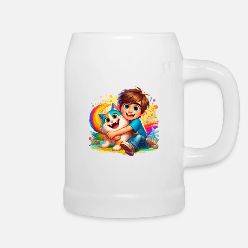 Boy with cute cat - Beer Mug - white