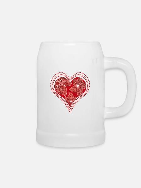 Rotes Herz- Ornament - Bierkrug - Weiß