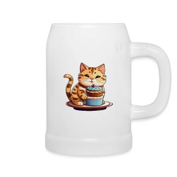 Cute fat cat with cup cake - Beer Mug - white - Right