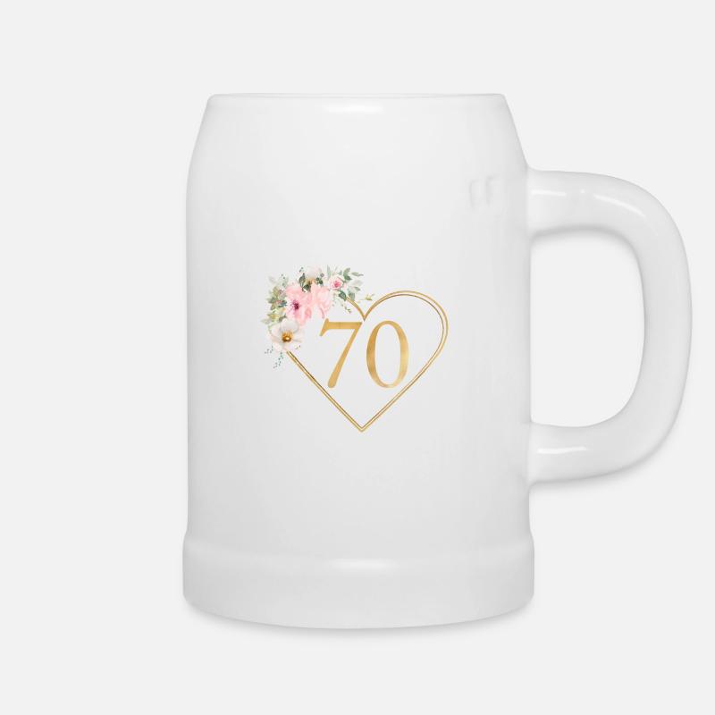 Zahl 70, Herz-Blumen-Design, personalisierbar - Bierkrug - Weiß