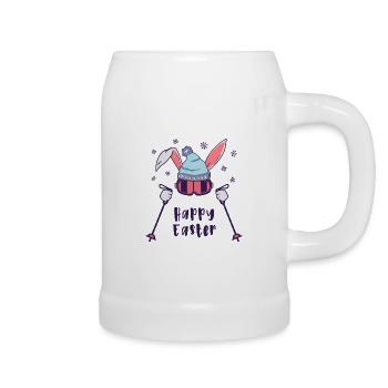 Happy Easter from Skiing Rabbit with ski poles - Beer Mug - white - Right