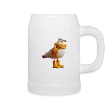 Humorous seagull with rain boots and scarf - Beer Mug - white - Right