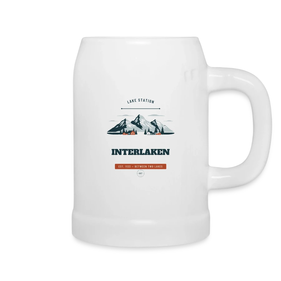Interlaken badge on a beer mug, white