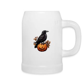 Krähe mit Kürbis Halloween - Bierkrug - Weiß - Rechts