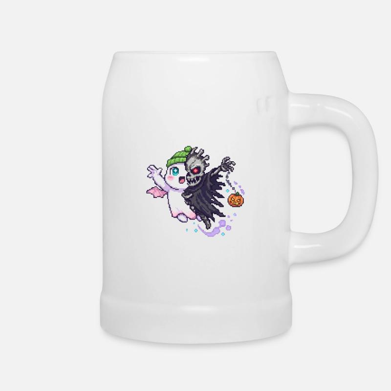 Kawaii & Horror Split Design Pixel Art - Beer Mug - white