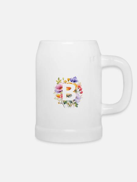 B Monogramm , bunter Blumenstrauss - Bierkrug - Weiß