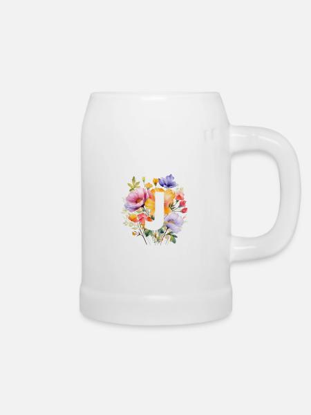 J Monogramm , bunter Blumenstrauss - Bierkrug - Weiß