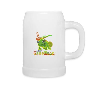Game Leon . Chameleon with mouse and headset. - Beer Mug - white - Right