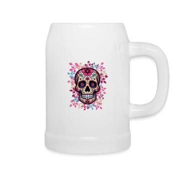 Tête de mort mexicaine, sugar skull, calavera rose - Chope en céramique - blanc - Droite