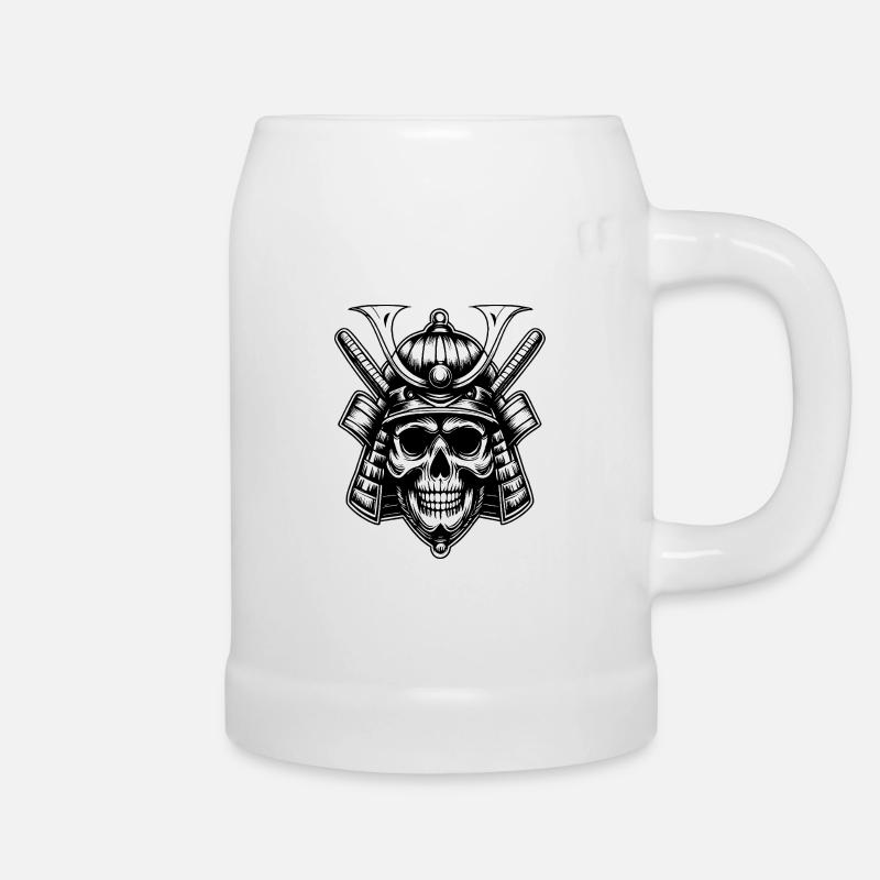 Skull Samurai Warrior Emblem - Beer Mug - white