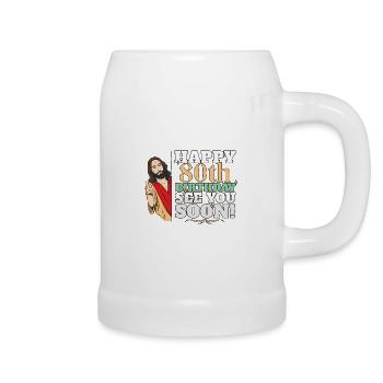 Happy 80th Birthday See You Soon Funny Jesus Meme - Bierkrug - Weiß - Rechts