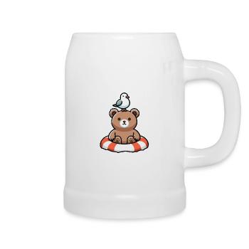 Braunbär Bär Bademeister im Rettungsring mit Möwe - Bierkrug - Weiß - Rechts
