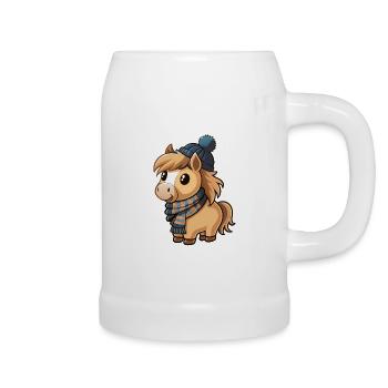Niedliches Pony mit Schal und Pudelmütze. - Bierkrug - Weiß - Rechts