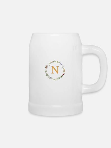 N Monogramm, Blumenkranz-Wildblumen - Bierkrug - Weiß