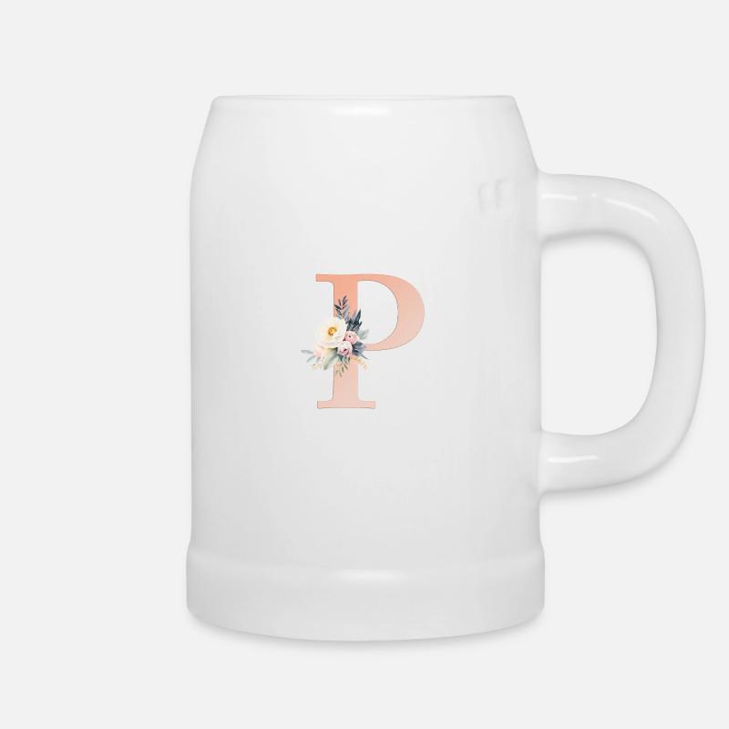 P Monogram, Floral, Boho - Beer Mug - white