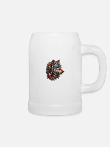 Wolf Indianer - Bierkrug - Weiß