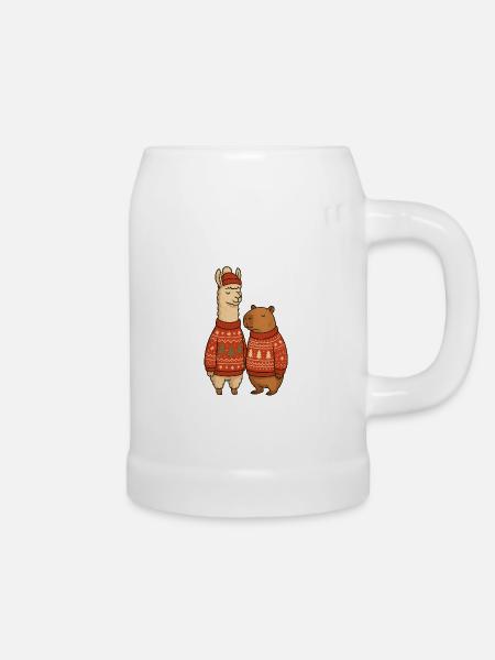 Lama und Cabibara Weihnachtspullover Duo - Bierkrug - Weiß