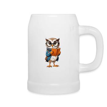 Learning owl with glasses reads book - Beer Mug - white - Right