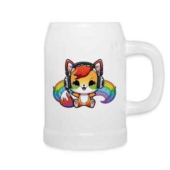 Kawaii Niedlicher fröhlicher bunter Fuchs mit Kopfhörern - Bierkrug - Weiß - Rechts