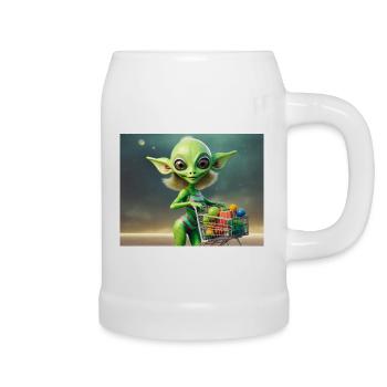 cute little green retro alien is buying groceries - Beer Mug - white - Right