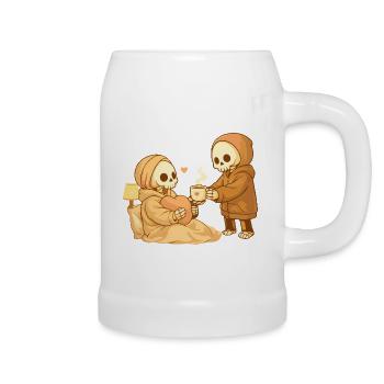 Cozy skeleton brings tea – Small gesture, lots of heart - Beer Mug - white - Right