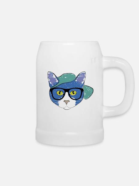 Blaue Katze mit Cap - Bierkrug - Weiß