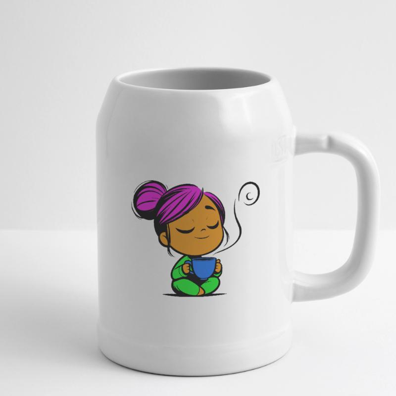 Tassmine enspannt mit einer Tasse Tee oder Kaffee Bierkrug