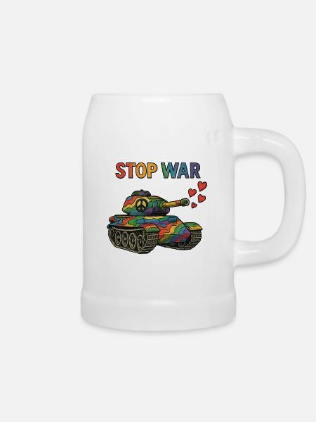 Regenbogen Panzer mit Peace-Zeichen – STOP WAR - Bierkrug - Weiß