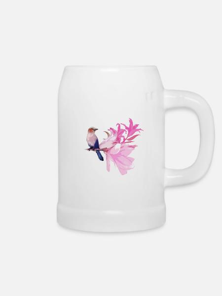 Vogel mit Blüten - Bierkrug - Weiß