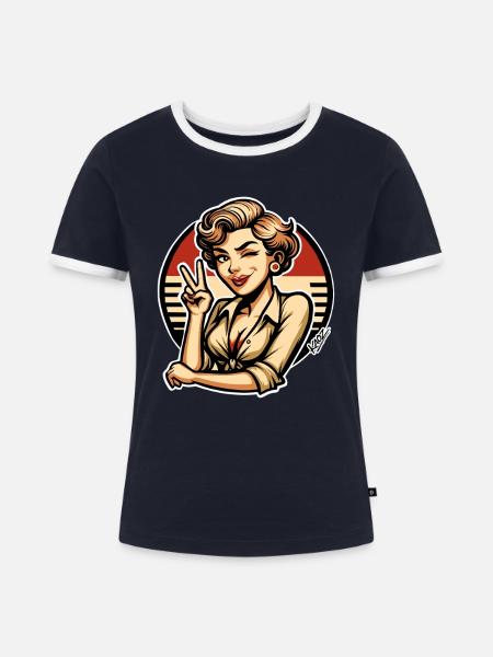 Retro-Pinup zwinkernde Peace-Zeichen-Kunst - Frauen Kontrast-T-Shirt - Navy/Weiß