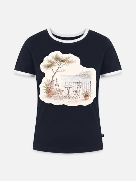 Balkonblick – Bistro über dem Meer - Frauen Kontrast-T-Shirt - Navy/Weiß