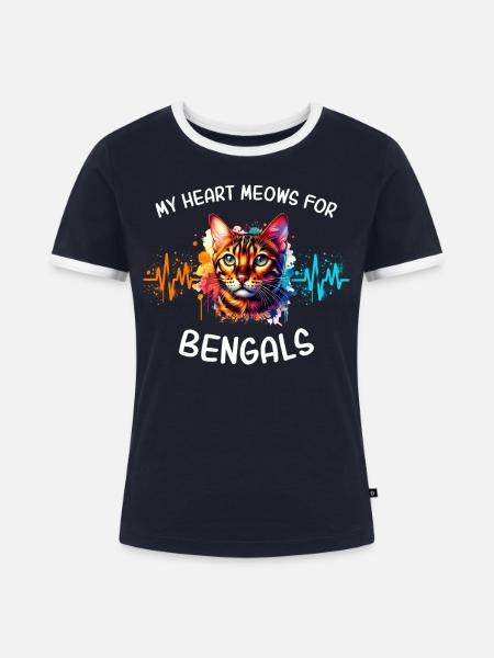 Bengalkatze Herzlinie - Frauen Kontrast-T-Shirt - Navy/Weiß 