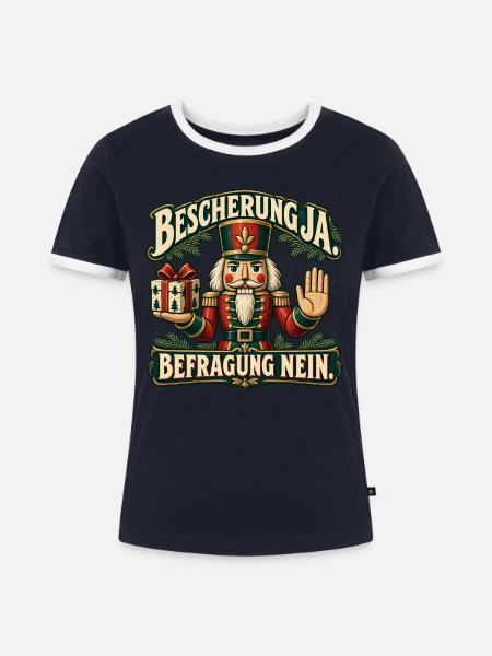 Bescherung ja Befragung nein – Nussknacker - Frauen Kontrast-T-Shirt - Navy/Weiß