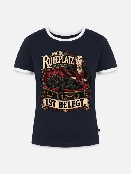 Ruheplatz belegt – Katze und Vampir - Frauen Kontrast-T-Shirt - Navy/Weiß
