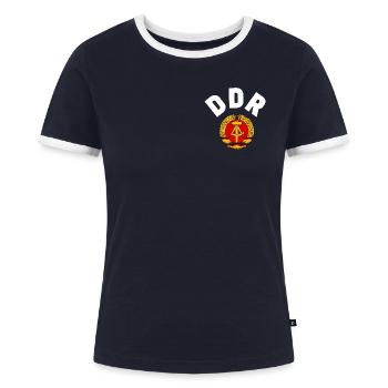 DDR 1974 WM Nationalmannschaft Retro Shirt Tasche - Frauen Kontrast-T-Shirt - Navy/Weiß  - Vorne - AI Model Female 172 light (172cm)