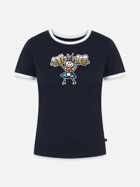 Kellnerin im Dirndl mit Biertablett - Frauen Kontrast-T-Shirt - Navy/Weiß