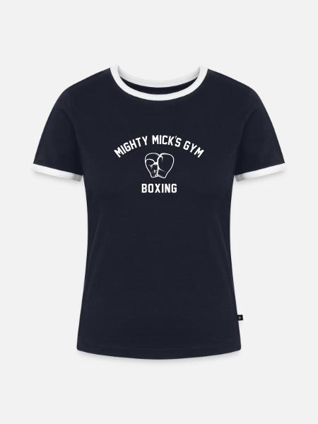 Mighty Micks Gym Box-Emblem - Frauen Kontrast-T-Shirt - Navy/Weiß